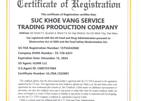 Sản phẩm đạt chứng nhận tiêu chuẩn FDA Hoa Kỳ